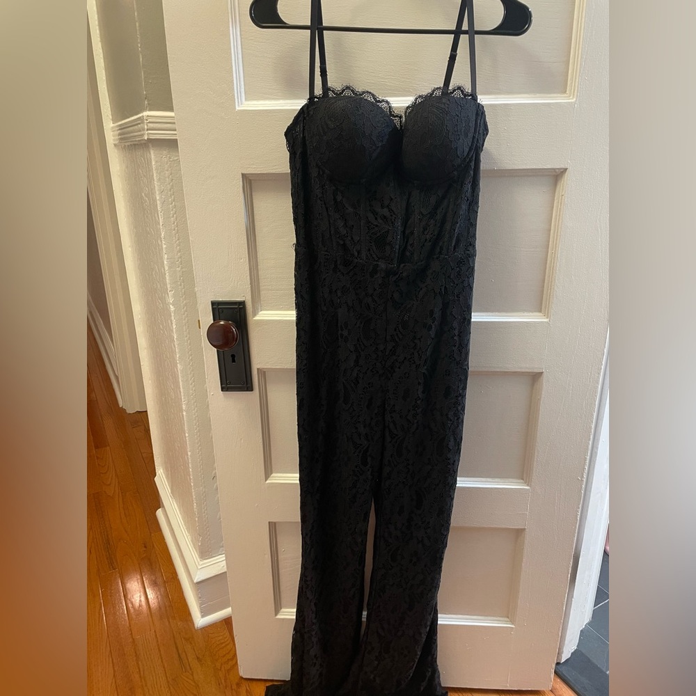 Black Lace Strapless Corset Jumpsuit - Picture 2 of 7